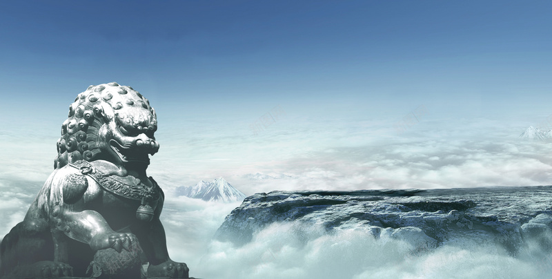 中国风石狮背景psd设计背景_新图网 https://ixintu.com 中国风 云雾 传统 石狮 高山