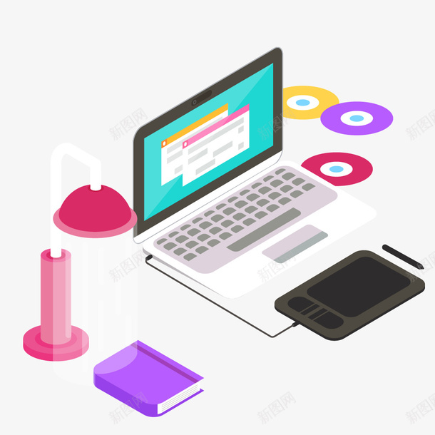 彩色办公用品png免抠素材_新图网 https://ixintu.com 书籍 光盘 办公 台灯 彩色办公 手绘办公 笔记本