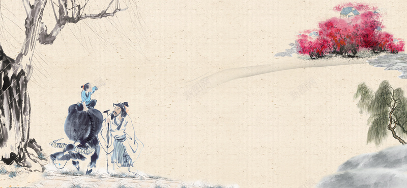 清明水墨牧童古典背景psd设计背景_新图网 https://ixintu.com 中国风 古典背景 海报banner 牧童
