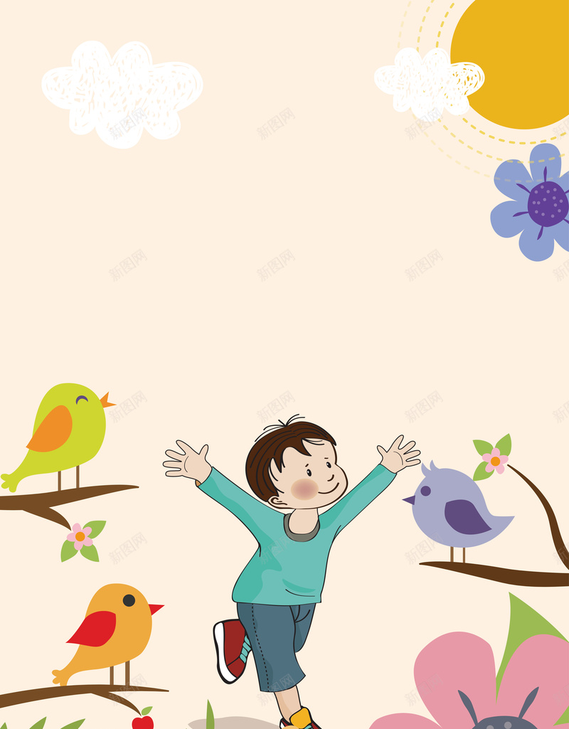 卡通手绘儿童节海报背景矢量图ai设计背景_新图网 https://ixintu.com 儿童画 儿童节 卡通 学生奔跑 小木马 小鸟 手绘 背景素材 花树 质感 矢量图
