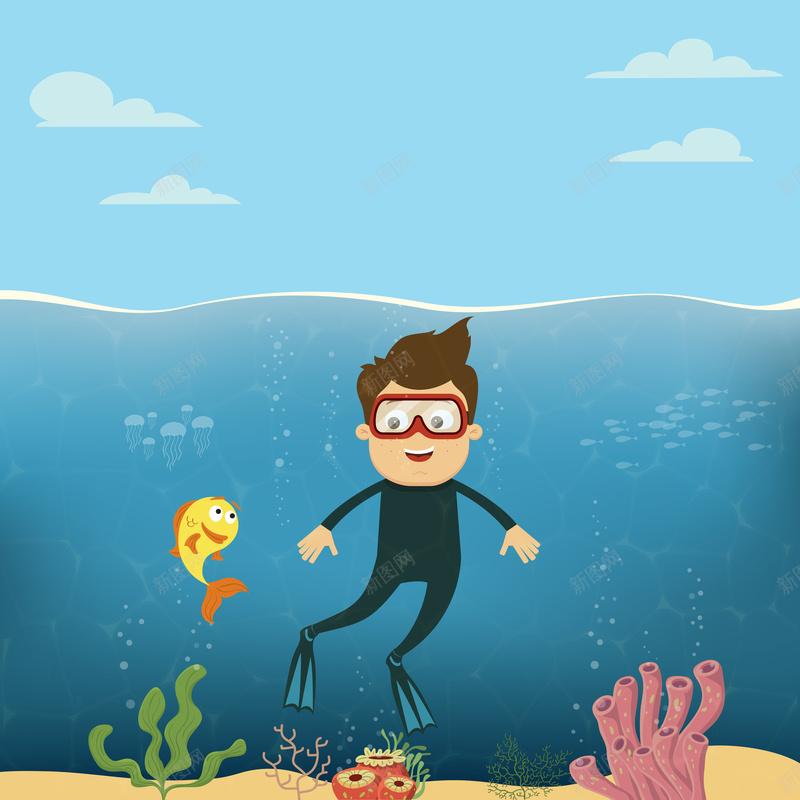 浮潜宣传海报矢量图ai设计背景_新图网 https://ixintu.com 几何 卡通 开心 扁平 浮潜 海底世界 渐变 漫画人物 潜水 童趣 矢量图