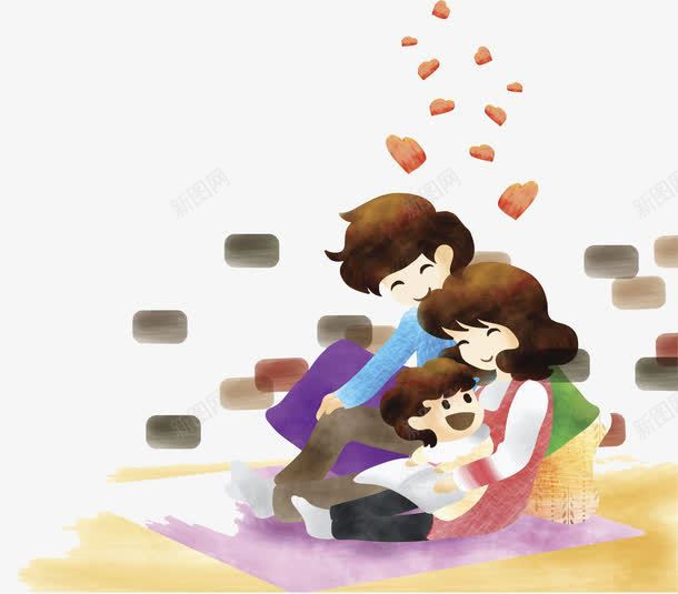 一家三口png免抠素材_新图网 https://ixintu.com 一家三口 卡通 墙壁 微笑 手绘 水彩 爱心 砖头 粉色