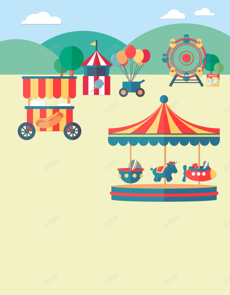 游乐园插画矢量背景ai设计背景_新图网 https://ixintu.com AI 云朵 休闲 卡通 快餐车 插画 摩天轮 旋转木马 树木 棉花糖 气球 游乐园 游乐园插画矢量 矢量图