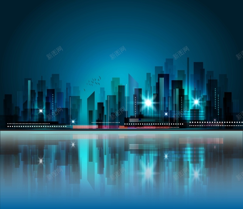 城市夜景矢量海报背景ai设计背景_新图网 https://ixintu.com 倒影 光点 城市夜景海报 夜景 建筑 渐变 矢量 矢量图