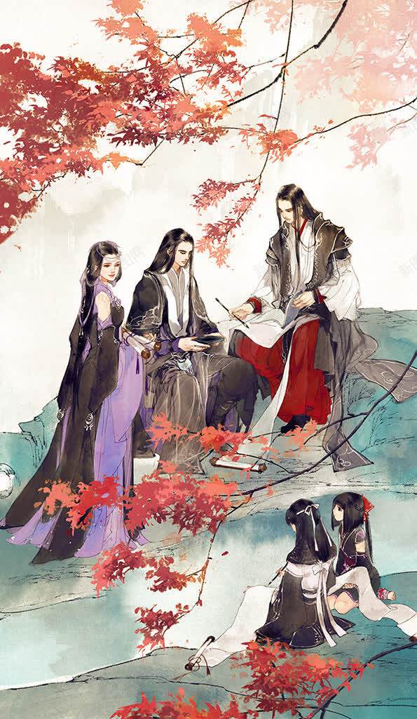 手绘古风树林里的人群jpg设计背景_新图网 https://ixintu.com 人群 古风 树林