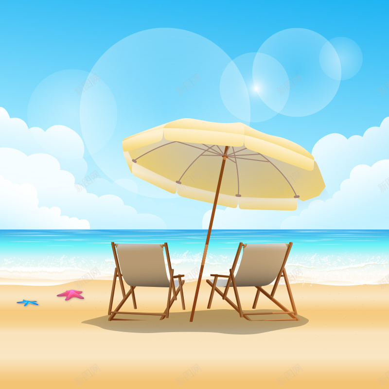 夏日海滩度假风景主图psd_新图网 https://ixintu.com 主图 云 夏日 度假 摄影 沙滩 海星 海滩 躺椅 遮阳伞 风景