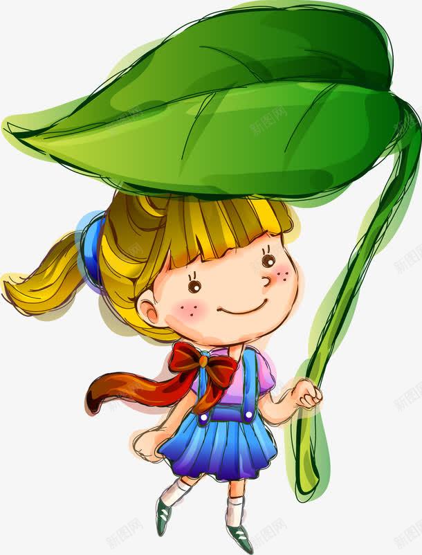 用叶子遮雨的女孩卡通人物手绘png免抠素材_新图网 https://ixintu.com 人物 卡通 叶子 女孩