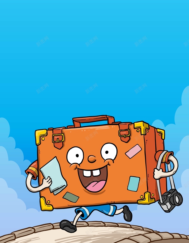 矢量卡通行李箱创意旅游背景ai设计背景_新图网 https://ixintu.com 创意 卡通 手绘 插画 旅游 矢量 童趣 背景 蓝天 行李箱 矢量图