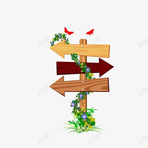 卡通沿着指示牌攀爬的蔓藤png免抠素材_新图网 https://ixintu.com 卡通蔓藤 攀爬的蔓藤 木质指示牌 红色蝴蝶