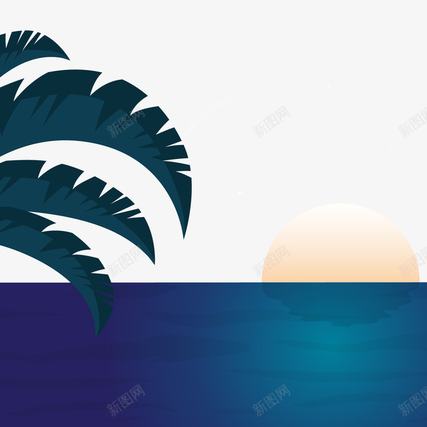 海面夕阳落下风景png免抠素材_新图网 https://ixintu.com 卡通植物 夕阳下山 绿色叶子 背景装饰 蓝色海面