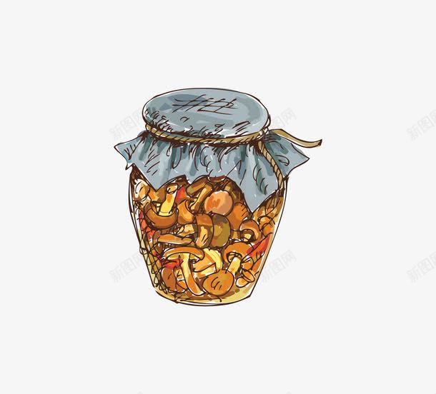 手绘卡通一罐小蘑菇咸菜