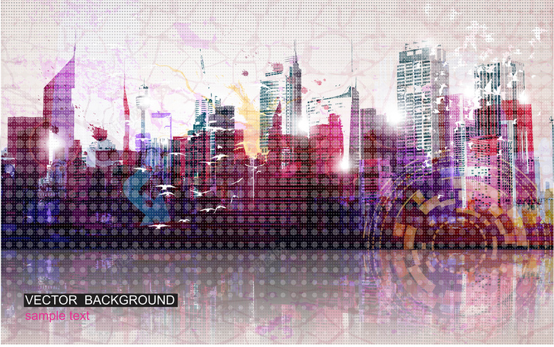 创意涂鸦彩绘城市背景模板矢量图ai设计背景_新图网 https://ixintu.com AI 倒影 创意涂鸦城市建筑 城市背景海报 绚丽 矢量图