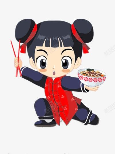 吃面的小女孩png免抠素材_新图网 https://ixintu.com 丸子头 卡通 双丸子头 可爱 红衣