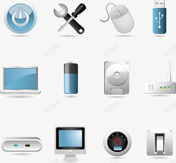 计算机图标元素矢量图ai_新图网 https://ixintu.com 电池 电源 电脑 设置 矢量图