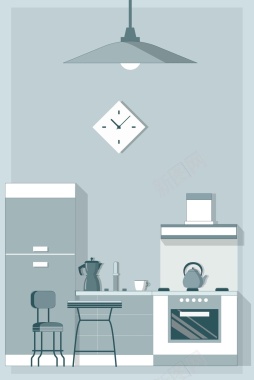 扁平化家居厨房灰色背景矢量图背景