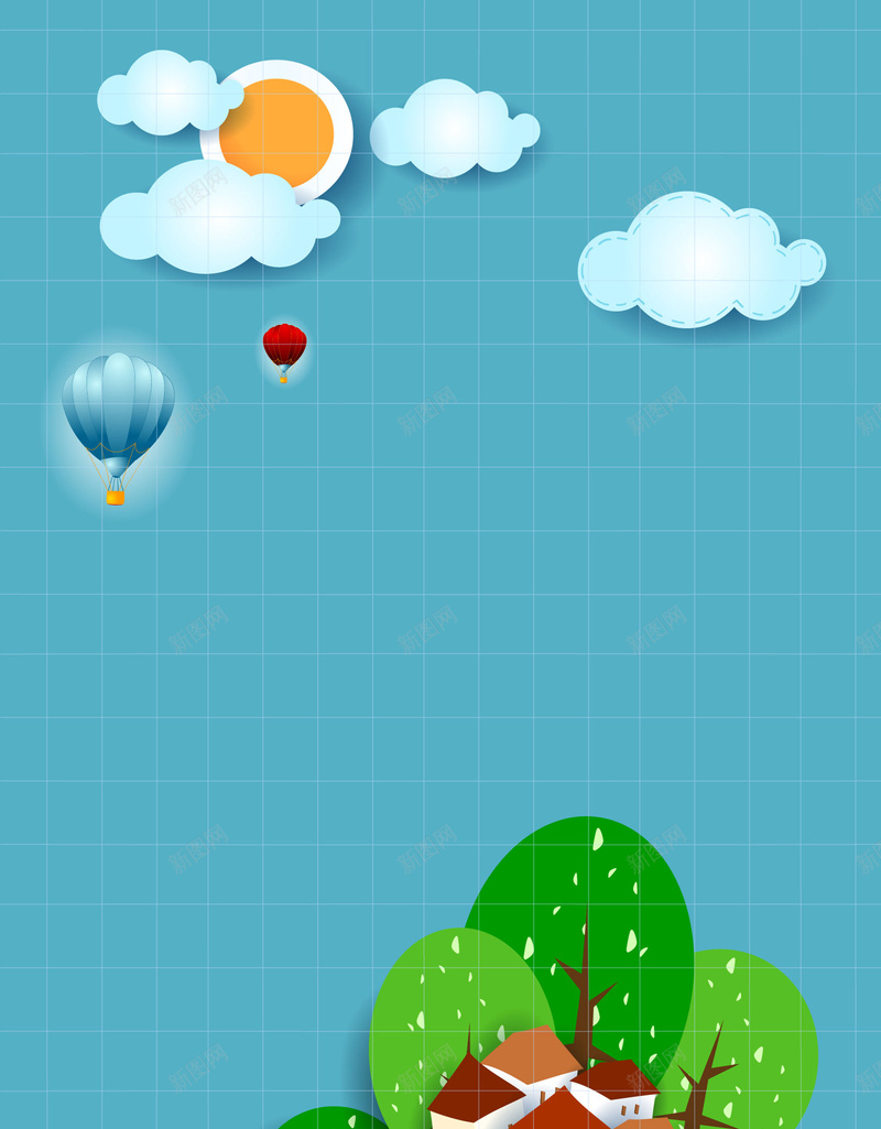 矢量卡通折纸贴纸插画背景ai设计背景_新图网 https://ixintu.com 儿童插画 卡通 热气球 白云 童趣背景 背景 草地 蓝天 风景插画 矢量图