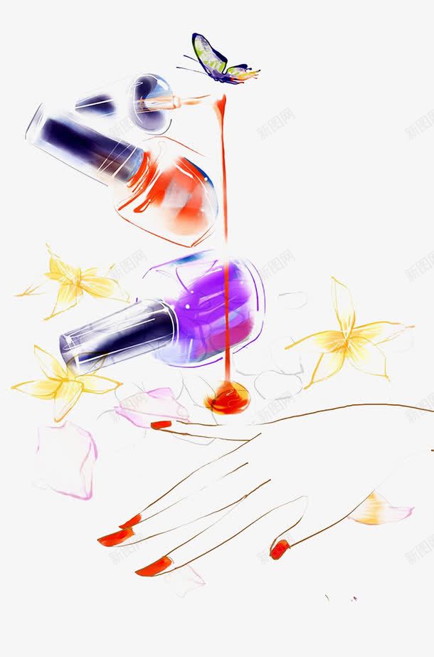 彩色指甲油png免抠素材_新图网 https://ixintu.com 手绘图 指甲油 花朵 蝴蝶
