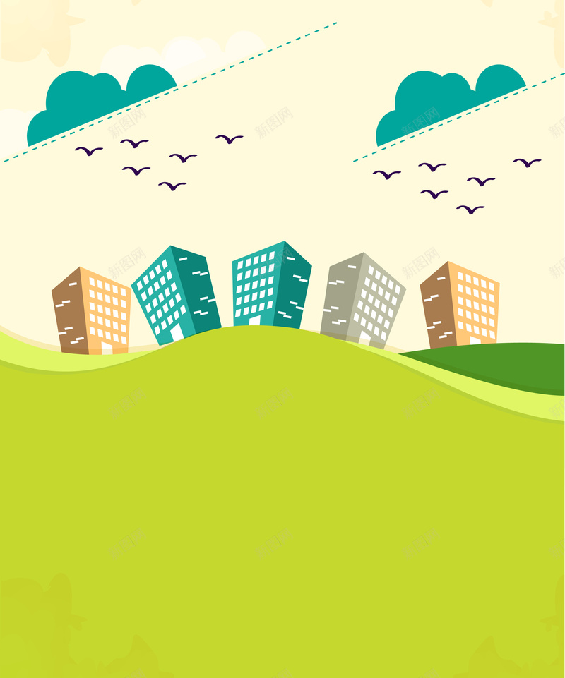 卡通手绘城市地产平面广告矢量图ai设计背景_新图网 https://ixintu.com 云朵 卡通背景 地产 城市建筑 大雁 平面广告 幼儿园招生 手绘 绿色 矢量图