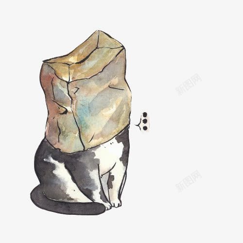 套着塑料袋的灰猫psd免抠素材_新图网 https://ixintu.com 塑料袋 头戴袋子 水彩画 灰猫 玩耍 调皮