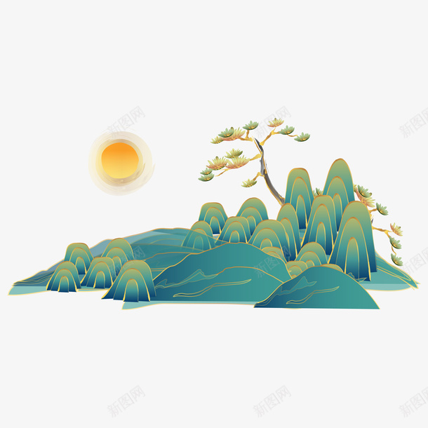 国潮中国风传统png免抠素材_新图网 https://ixintu.com png 中国风 传统 千里江山图 国潮 太阳 素材 青山