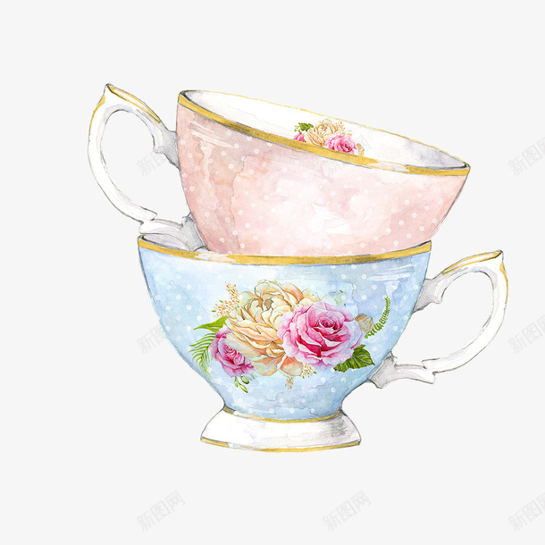 卡通手绘2个花茶杯png免抠素材_新图网 https://ixintu.com 卡通手绘 花茶杯 茶杯