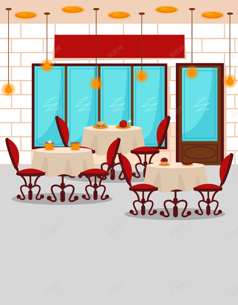 美食餐馆矢量背景ai设计背景_新图网 https://ixintu.com 内部图 灯 照明 矢量图 美食 装饰 餐厅 餐桌 餐椅 餐饮 餐馆