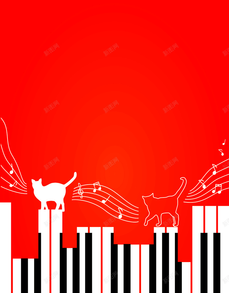 红色创意钢琴音乐海报背景矢量图ai设计背景_新图网 https://ixintu.com 乐谱 剪影 海报 爵士之夜 爵士乐 猫 皇家剧院 红色海报 钢琴 音乐会 音乐海报 音符 矢量图