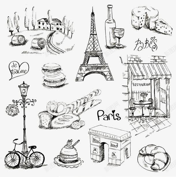 法国旅游素描png免抠素材_新图网 https://ixintu.com 巴黎素描插画 红漆插画 菲尔铁塔