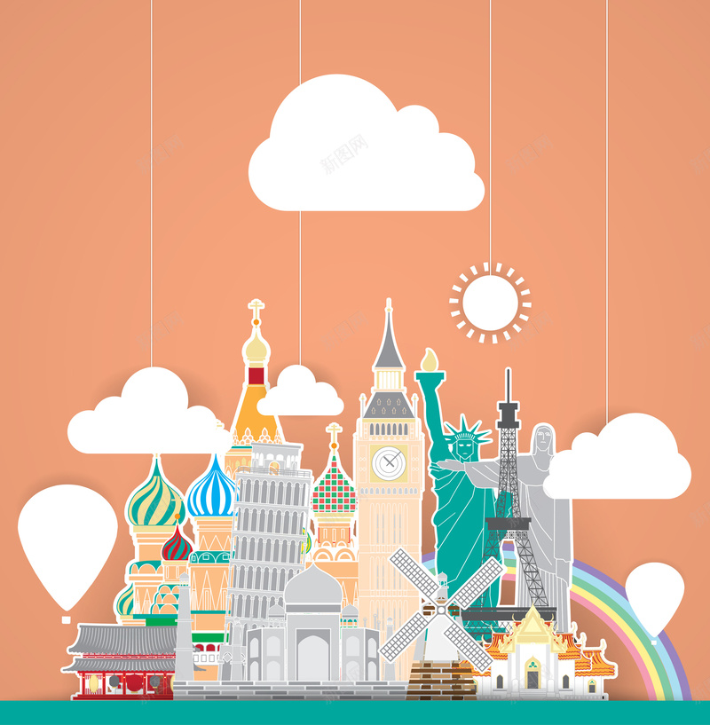 卡通环球旅行插画矢量海报ai_新图网 https://ixintu.com 卡通 埃菲尔铁塔 大本钟 手绘 旅行插画 环球插画 童趣 自由女神 著名建筑物 矢量图