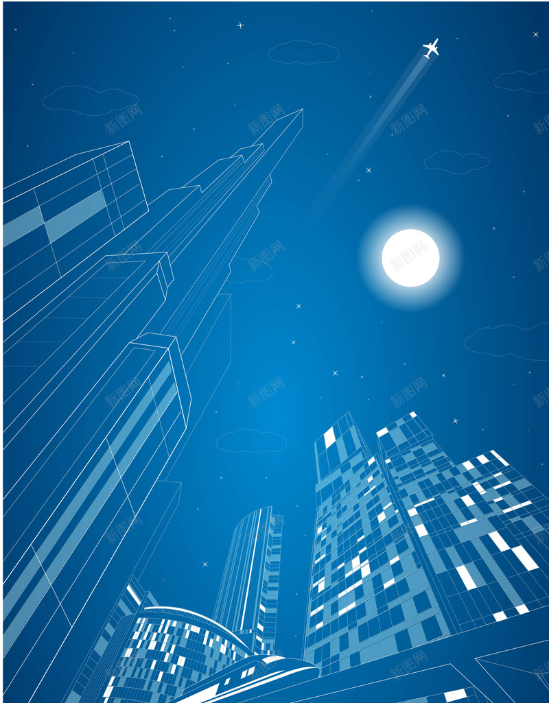 高楼线条矢量背景大全ai设计背景_新图网 https://ixintu.com 建筑 方块高楼 月亮 线条高楼 线条高楼海报 蓝色 飞机 矢量图