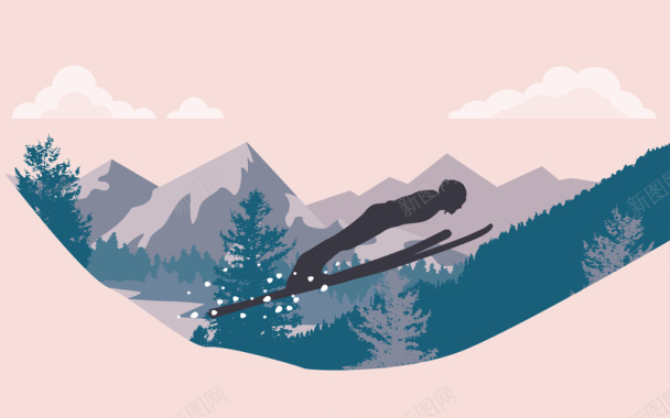 卡通扁平冬季运动员滑雪运动海报背景矢量图背景