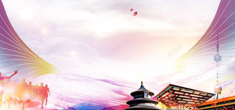 国庆简约彩色背景海报psd设计背景_新图网 https://ixintu.com 云 人群 国庆 建筑物 背景海报