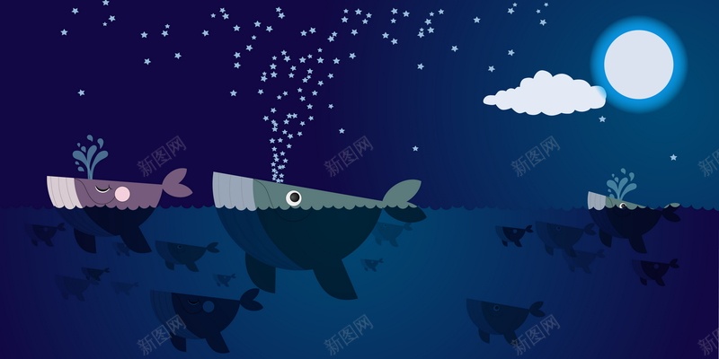 卡通海洋矢量图ai设计背景_新图网 https://ixintu.com 卡通 手绘 晚上 月亮 海洋 童趣 鲨鱼 矢量图