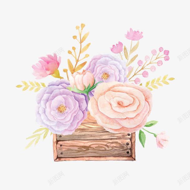 水彩画花篮png免抠素材_新图网 https://ixintu.com 唯美 小清新 手绘 水彩画 花卉 花篮