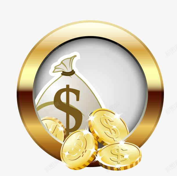 圆框的金币和钱袋png免抠素材_新图网 https://ixintu.com PNG图形 圆形 装饰 边框 金币 钱袋