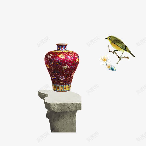 中国风png免抠素材_新图网 https://ixintu.com 瓶子 石凳 花 鸟