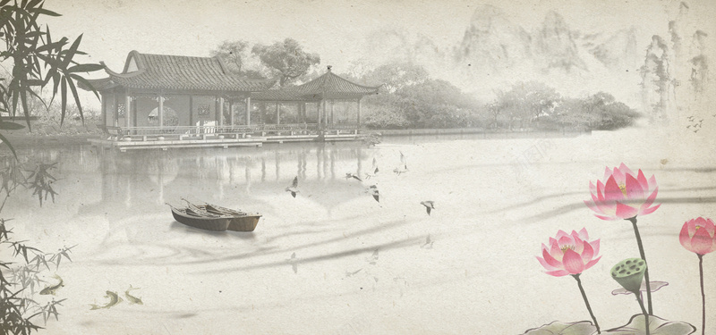 古建筑水墨海报banner背景psd设计背景_新图网 https://ixintu.com 中国风 古建筑 小船 山水 水墨海报 灰色 荷花