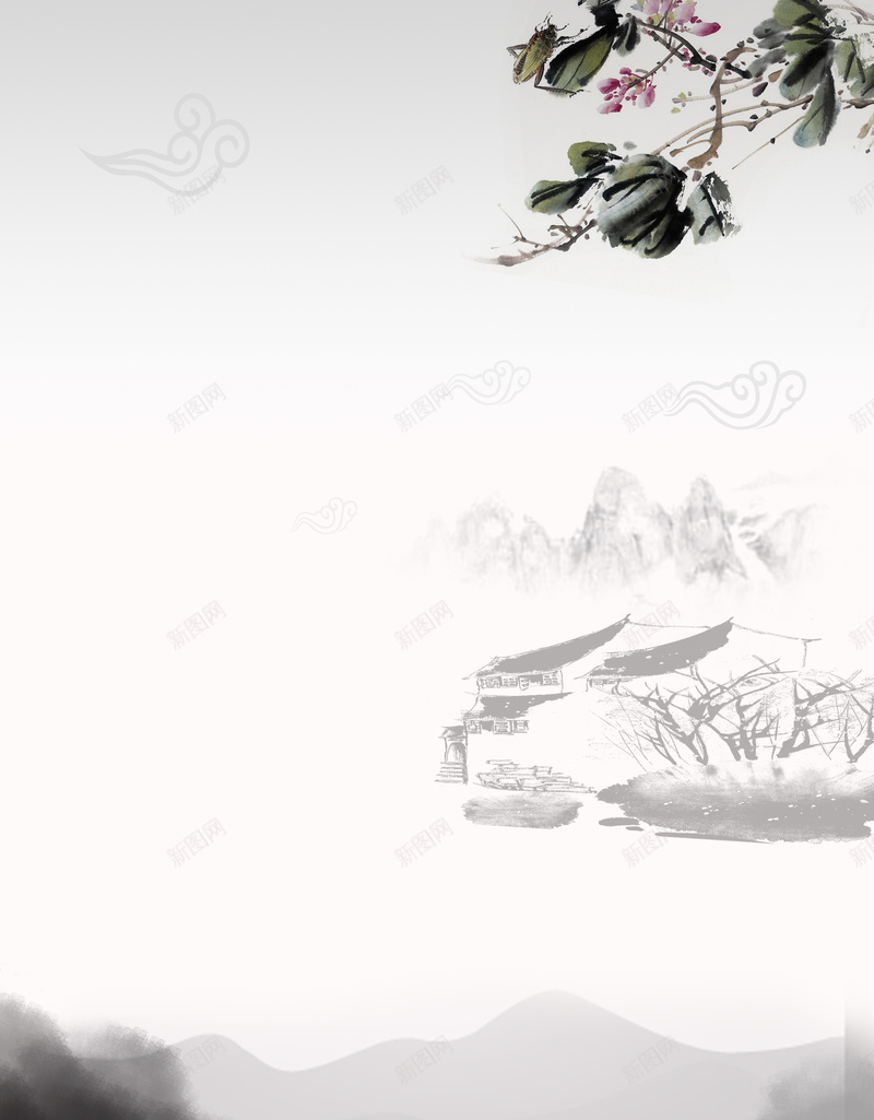 中国风水墨山水背景psd设计背景_新图网 https://ixintu.com 中国风 大气 山水 水墨 白色 祥云稳重 花朵