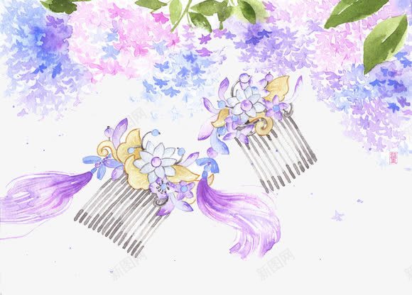紫色花朵梳子png免抠素材_新图网 https://ixintu.com 古风 头发 梳子 花朵