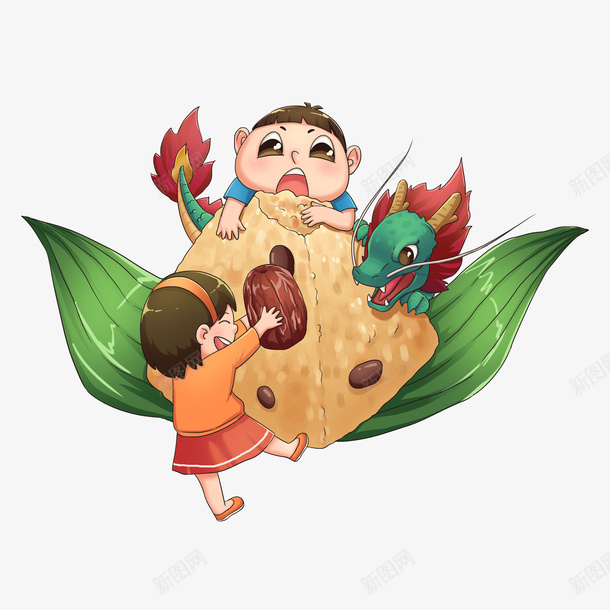 手绘创意元素吃粽子元素png免抠素材_新图网 https://ixintu.com 吃粽子元素 手绘创意元素 端午粽 端午节 粽叶 粽子插图 龙