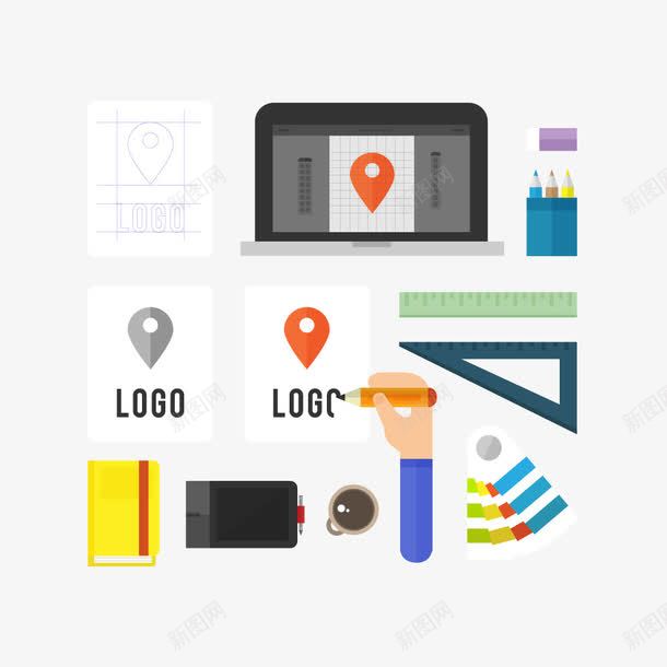 LOGO过程矢量图图标ai_新图网 https://ixintu.com 图纸 尺子 电脑 笔记本 铅笔 马克笔 矢量图