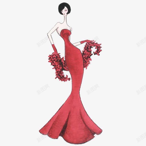 手绘服装模特png免抠素材_新图网 https://ixintu.com 手绘插画 服装模特 红色礼服