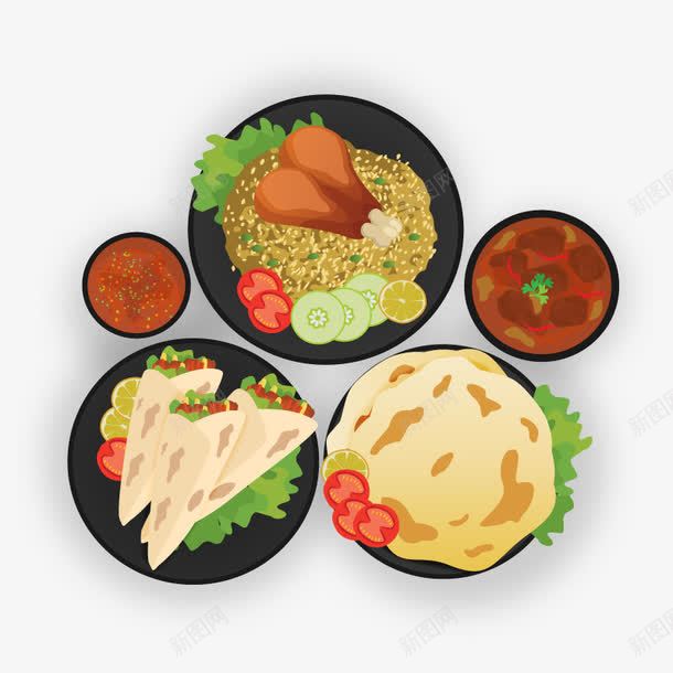 一桌食物png免抠素材_新图网 https://ixintu.com 卷饼 蔬菜 蘸酱 食物矢量 鸡腿