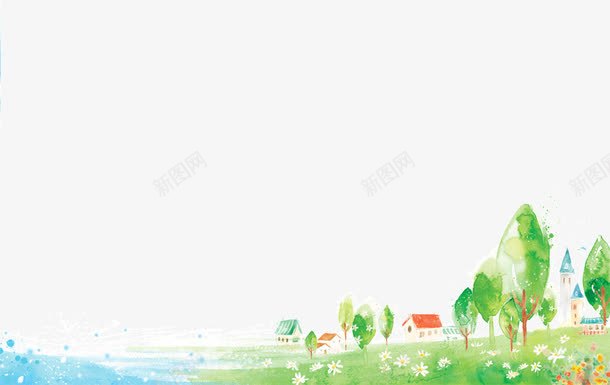 卡通清新田野风景png免抠素材_新图网 https://ixintu.com 卡通清新田野风景 小房子 树 树林 海边
