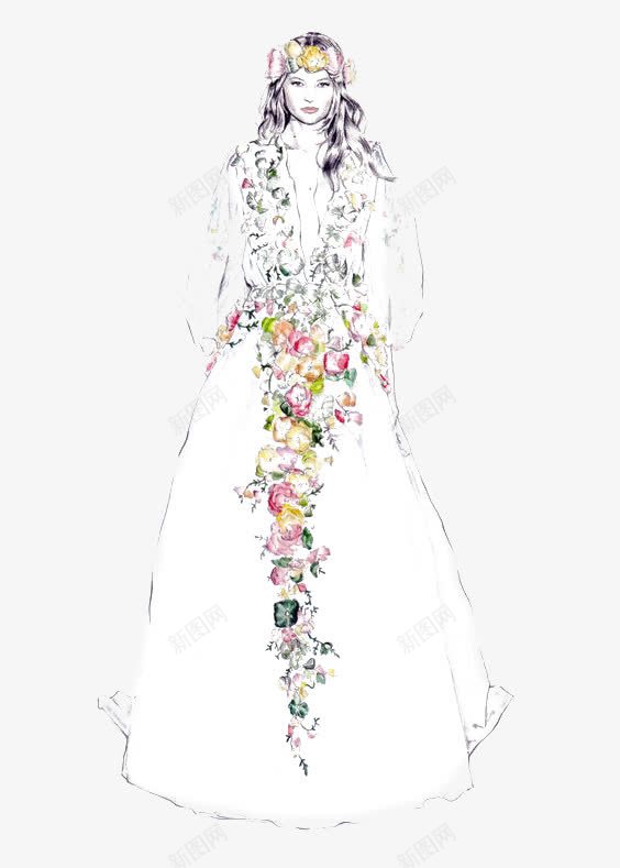 时尚花朵模特png免抠素材_新图网 https://ixintu.com 卡通 手绘 插画 模特 礼服 花朵 走秀