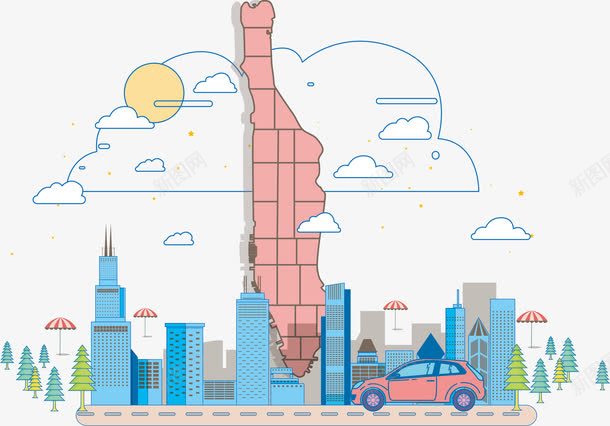 小清新城市png免抠素材_新图网 https://ixintu.com 卡通 小汽车 粉色 蓝色 路途