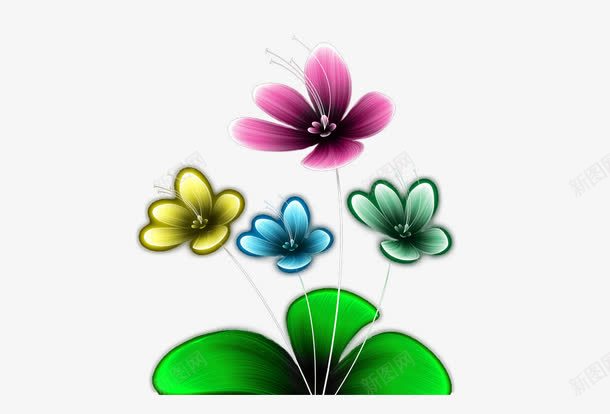 多色的四朵花png免抠素材_新图网 https://ixintu.com 多色 绿叶 绿色 花朵 蓝色 黄色