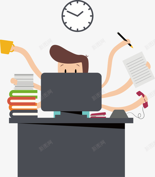 男孩手忙脚乱矢量图ai免抠素材_新图网 https://ixintu.com 书籍 电脑 钟表 矢量图