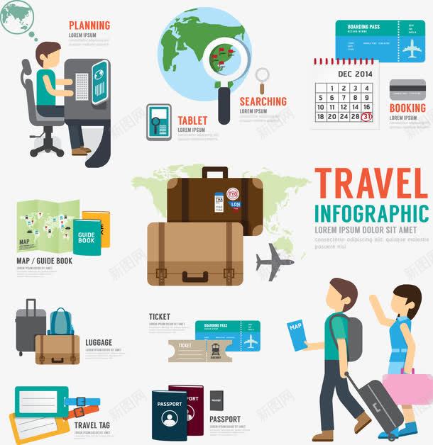 扁平化旅游元素png免抠素材_新图网 https://ixintu.com 地图 地球 扁平 放大镜 旅游 景点 行李箱