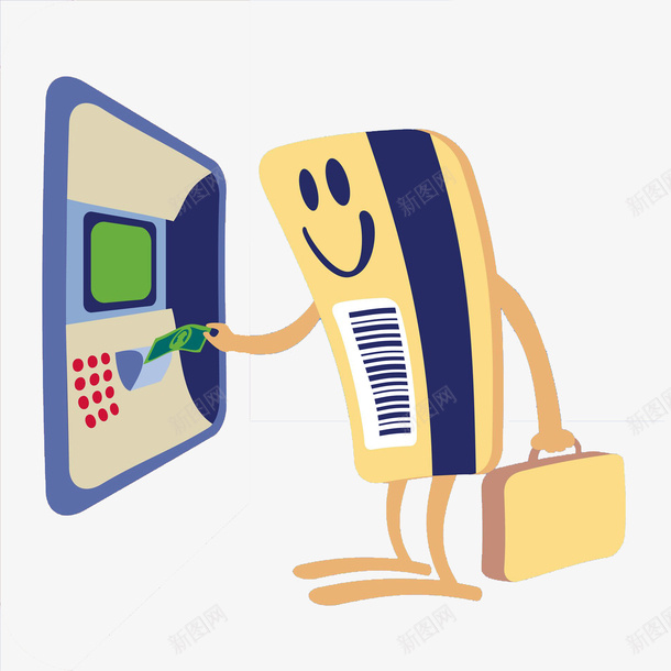 卡通取钱场景图png免抠素材_新图网 https://ixintu.com 创意的 取钱 手绘 提包 插图 自动取款机 银行卡